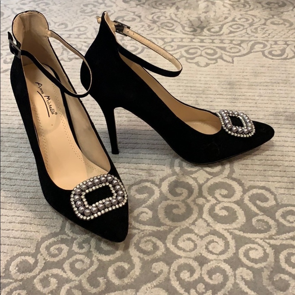 Black Suede Crystal & Pearl Buckle Heels
